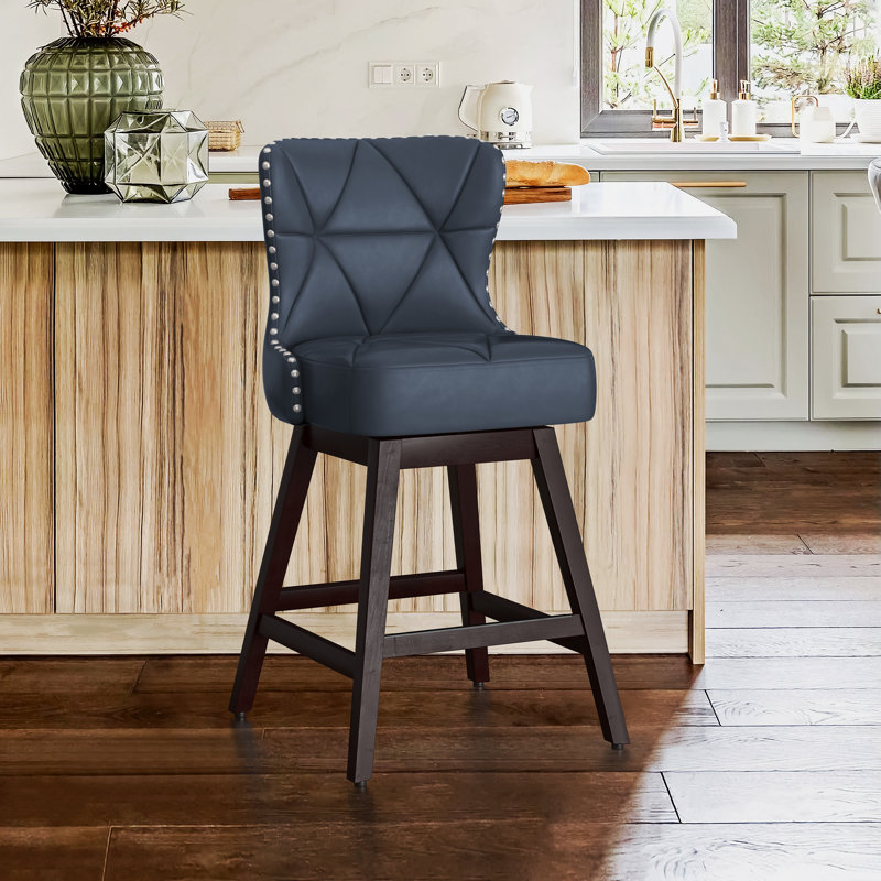 Arabele Swivel 26'' Counter Stool, Navy Faux Leather, 1, Dark Brown