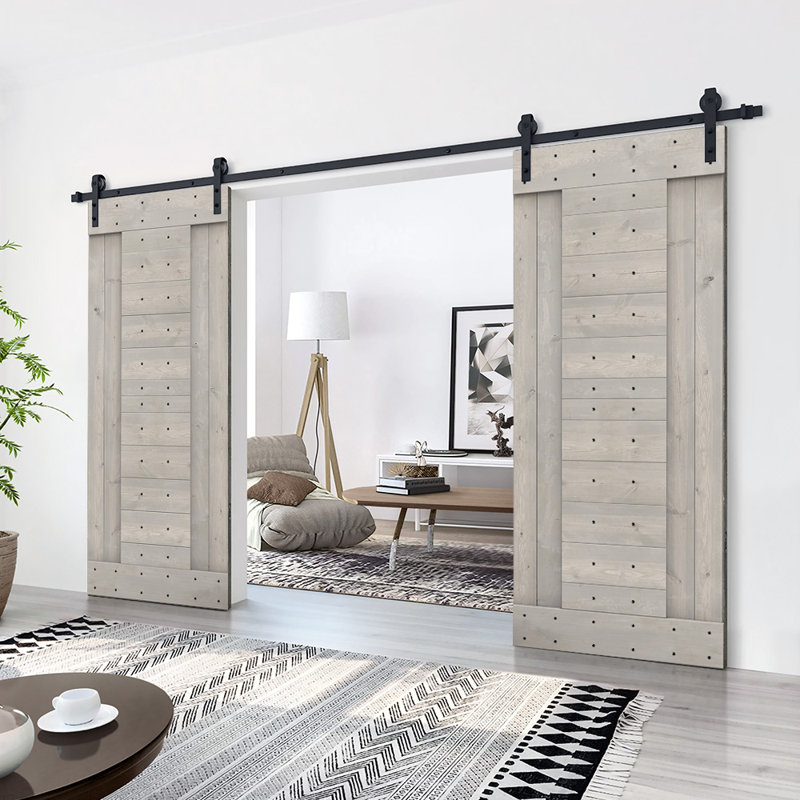 Porte de grange préfabriquée en bois à panneaux avec trousse de quincaillerie d'installation, 48 po x 84 po, Gris argenté