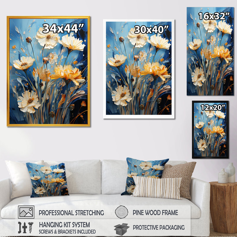 «White Calm Cornflowers Meadows I» - Art mural bleuets, H 44 po x l 34 po x P 1,5 po, Toile tendue