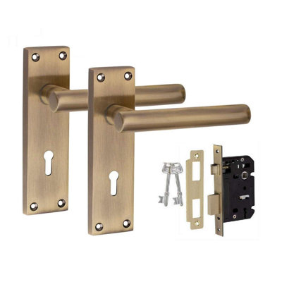 Golden Grace 1 Pair Victorian Straight T-Bar Lock Door Handle Antique Brass 3 Lever Lock Set with Spindle for Bedroom and Home Office - 150mm x 40mm