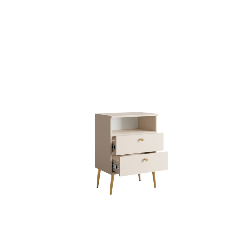 Abbegayle bedside table with a drawer, golden handles and feet, Beige