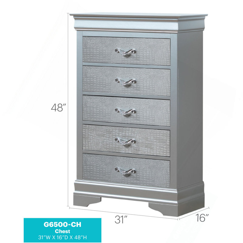 5-Drawer Vertical Chest With Textured Front & Decorative Handles, Champagne