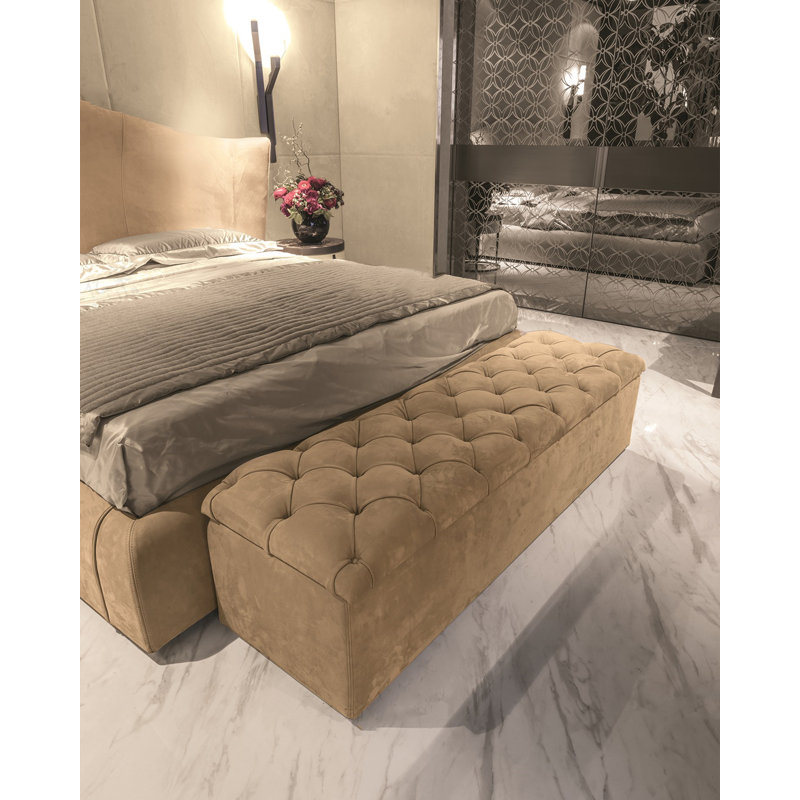 Tufted Suede Fabric Solid Wood Storage Ottoman