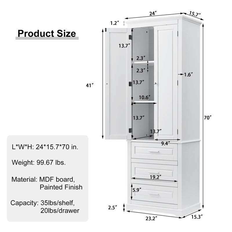 Neomy 70" Tall Bathroom Storage Cabinet, Freestanding Linen Cabinet with 3 Drawers for Bathroom and Office,Modern Style