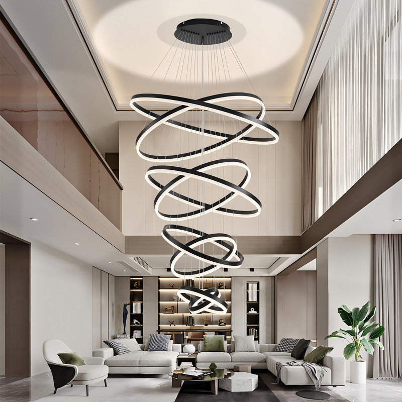 Modern Led Rings Chandelier Dimmable High Ceiling Chandelier Foyer Chandelier, Matte Black, 157" H x 35" W x 35" D