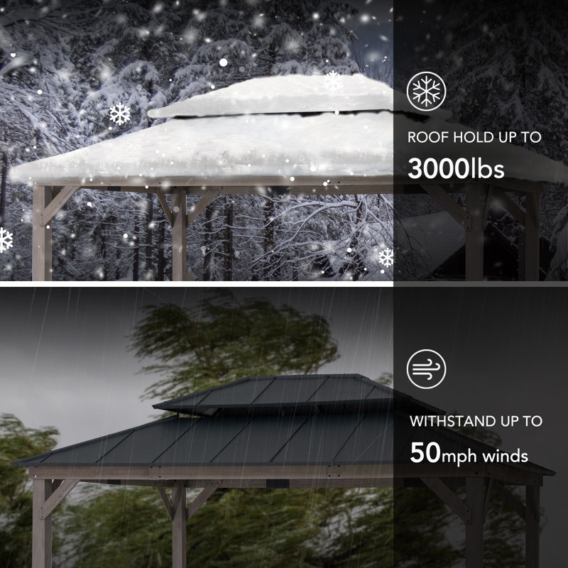 Sunjoy 12 ft. x 16 ft. Cedar Framed Gazebo with Steel Hardtop, Grey Cedar Wood, Matte Black