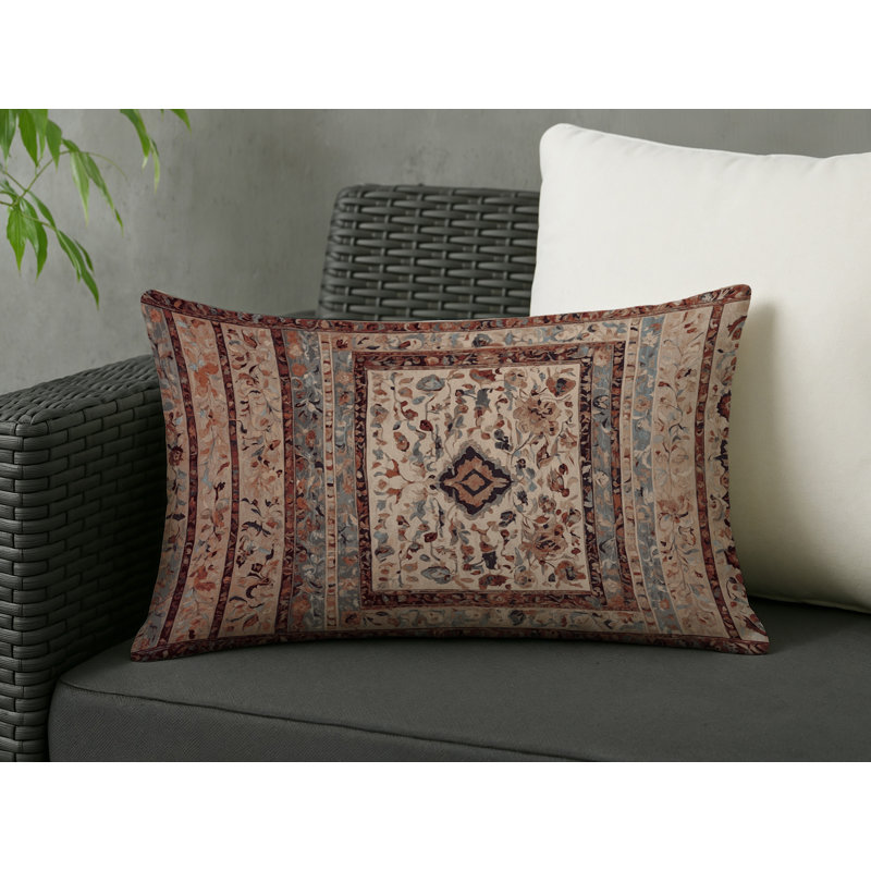 Coussin décoratif intérieur et extérieur Modern, Beige / bleu marine / bourgogne damassé, Rectangle H 20 po x l 14 po