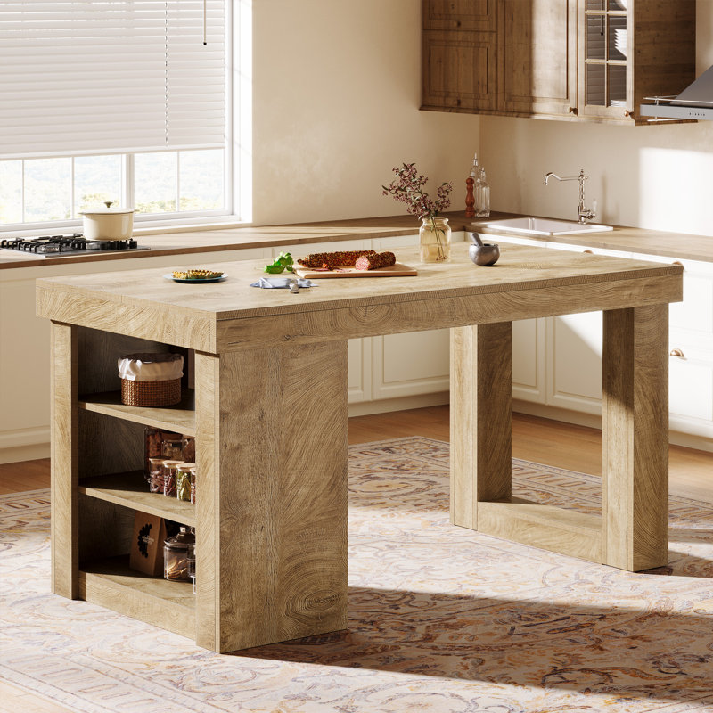 Îlot de cuisine avec tablette de rangement, table de préparation de ferme de 55 po avec grand plateau de table épais et espace pour les jambes, bois naturel