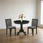 Ensemble de salle à manger 3 pièces avec table ronde sur pied central, chaises rembourrées et revêtement en lin et bois d'hévéa gris foncé Gotham, finition brossée noire.
