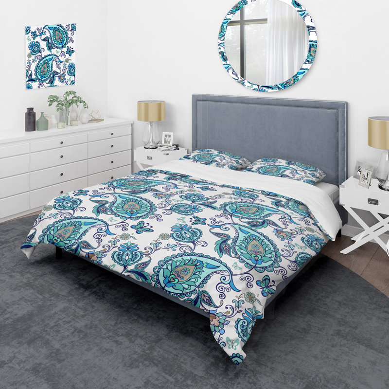 Bleu floral cachemire - ensemble de housse de couette abstrait - microfibre de polyester