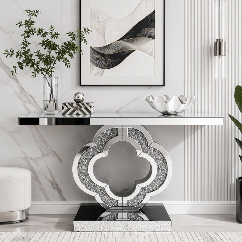 Console à miroir en forme de trèfle avec plateau en verre trempé