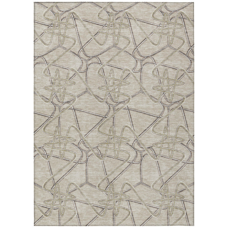 Tapis intérieur / extérieur ivoire et gris géométrique lavable 9 pi x 12 pi beige