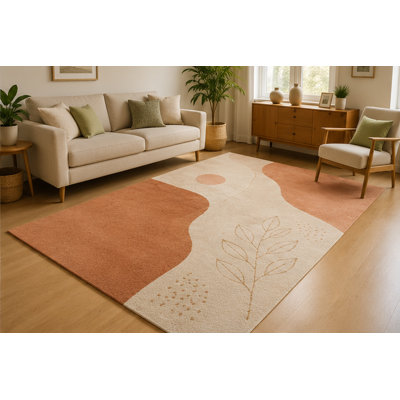 "Ultra Thin" 5' x 7'Minimal Botanical Line Art Area Rug for Living Room, Soft Low Pile Indoor Rug with Non-Slip Silicone Backing, Contemporary Carpet for Bedroom, Nursery, Family Room, Terracotta Beige