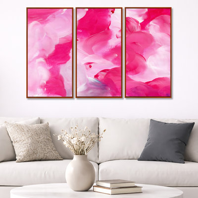 Fuchsia et nuages liquides roses - ensemble d'art mural sur toile moderne encadré de 3