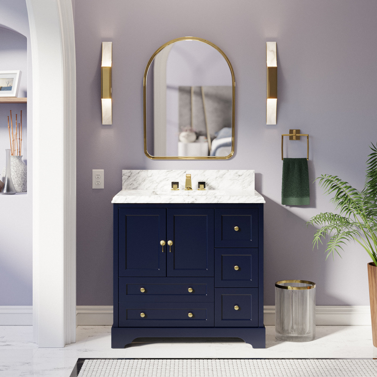 36'' Single Bathroom Vanity, Carrara Marble, Royal Blue