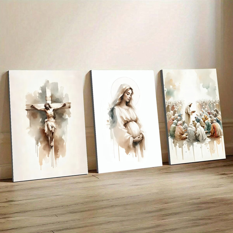 Ensemble de 3 affiches murales encadrées, tableaux religieux chrétiens sur toile, style aquarelle : Jésus en croix, la Vierge Marie et la Cène. Décoration pour salon, chambre ou église.