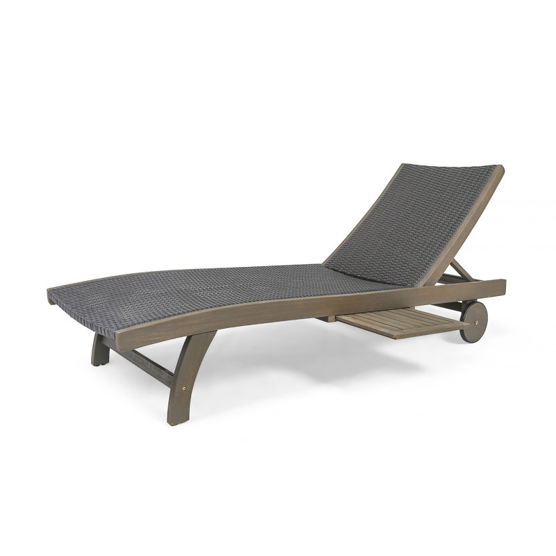 Outdoor Solid Wood Frame Recliner Set of 2 with Pull Out Tray and Rollers, Gray