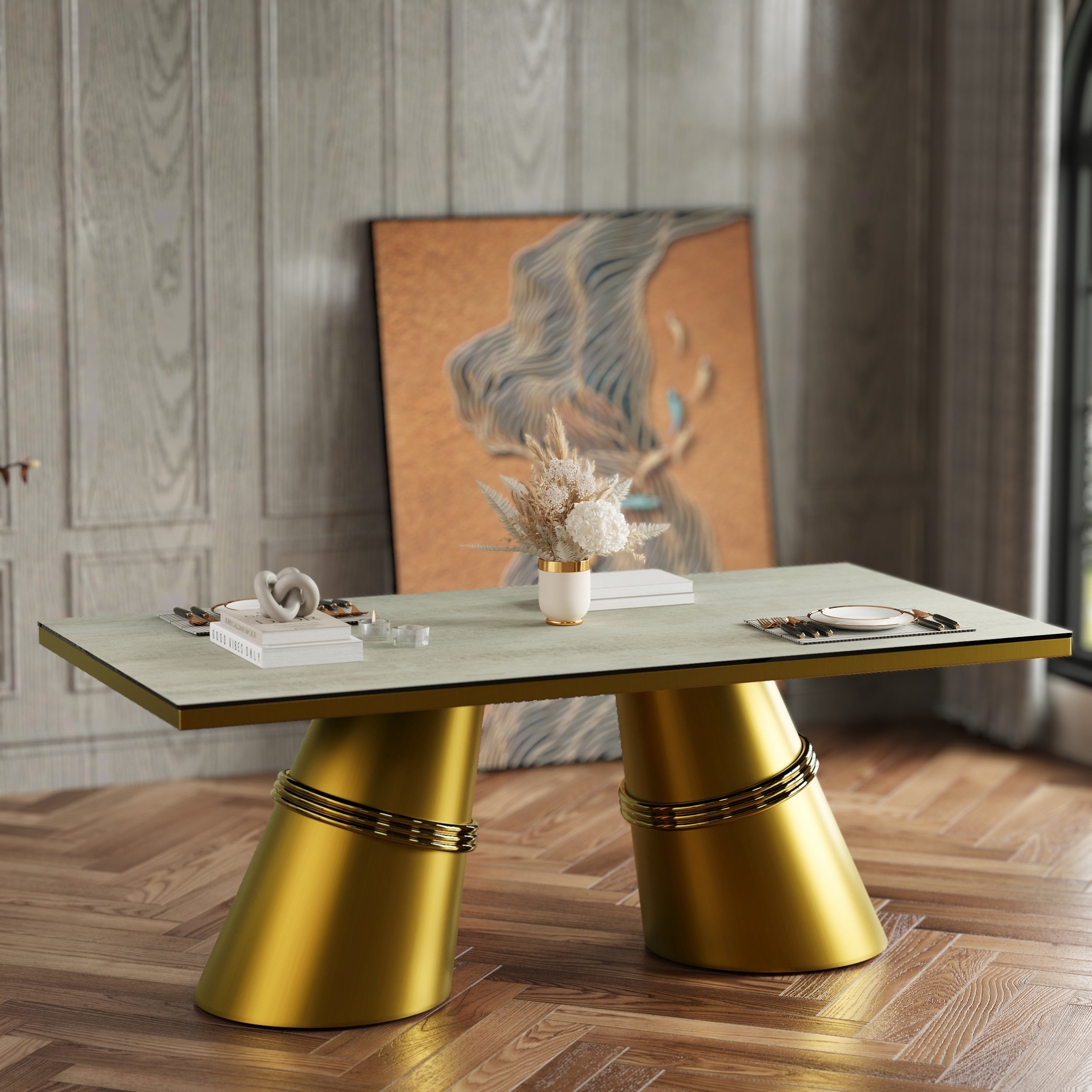Everly Quinn Dining Table For 4-8, 78" Gold Dining Table With Gorgeous ...