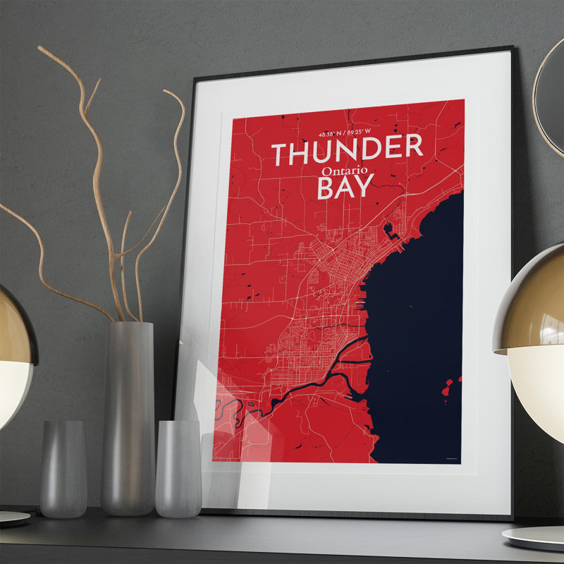 Thunder Bay City Map, impression, Rouge / Bleu marine, H 36 po x l 24 po