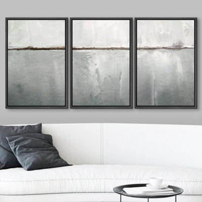 Minimal Landscape "Greenish Gray Abstract Simple Modern Decor Framed Canvas Print 3 Pieces Wall Art