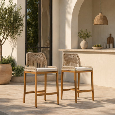 Handwoven Yellow & Light Yellow Twisted Rope Wicker Barstools, All-Weather Indoor Outdoor High Chairs with Wood Grain Aluminum Frame and Waterproof Cushions