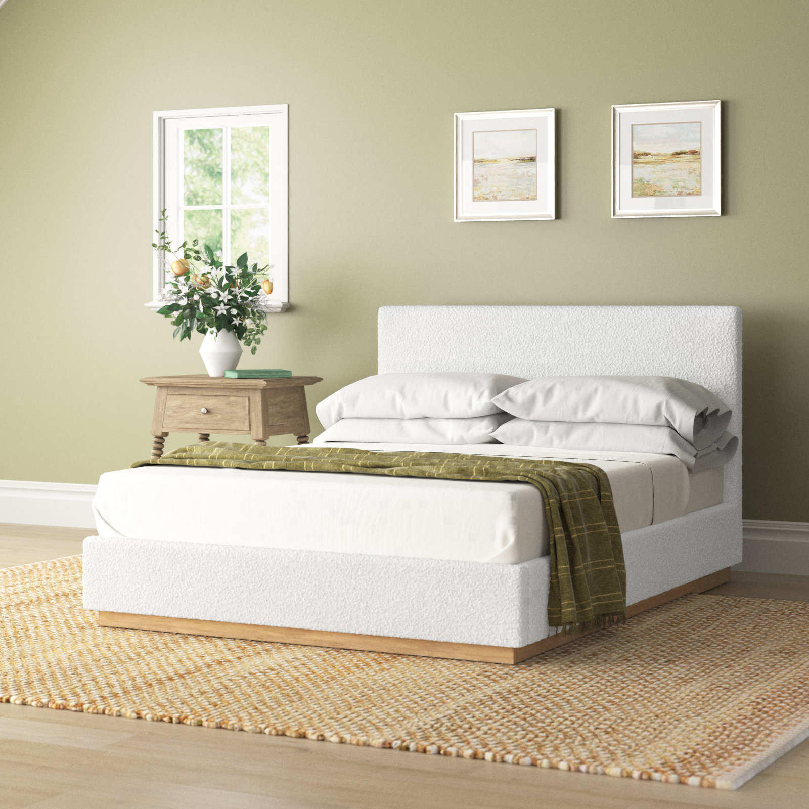 Drago Upholstered Platform Bed, Cream Boucle, Queen