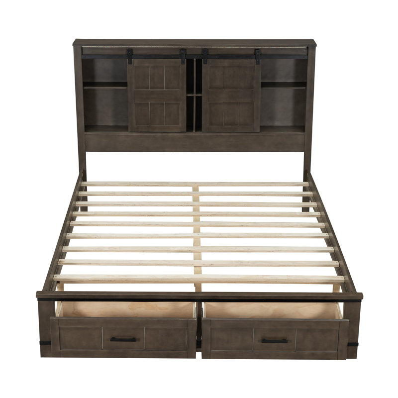 Grand lit plateforme en bois à DEL avec tête de grange, USB et 2 tiroirs, brun antique