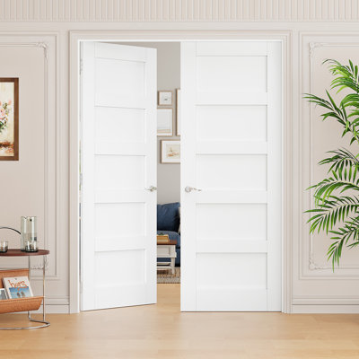 Porte intérieure à 5 panneaux à âme pleine, portes françaises doubles en MDF certifiées CARB P2, quincaillerie en nickel satiné incluse : poignée de porte avec serrure, loquet et charnières, préfinie et imperméable, idéale pour garde-manger, chambre, salle de bain et placard, teinture facile à appliquer soi-même, 142 cm x 244 cm