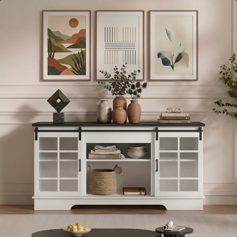 Multipurpose Sliding Door TV Cabinet Large Storage Cabinet with Glass Doors, White, No