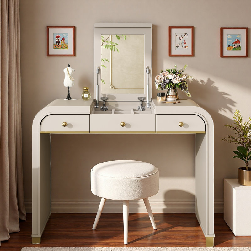 Bureau de coiffeuse 3 en 1 avec miroir rabattable, 2 tiroirs, détails en métal doré et espace de rangement, Champagne