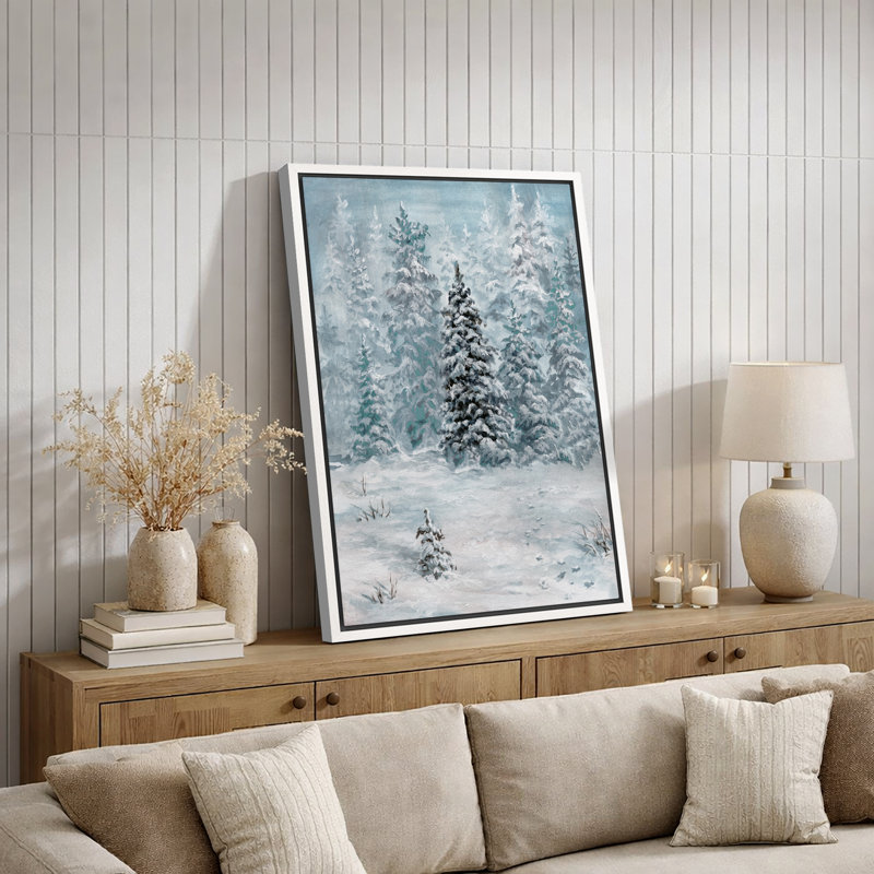 «Snowy Winter Pine Tree Forest Nature Landscape Decor», reproduction d'art sur toile encadrée, Cadre flottant blanc