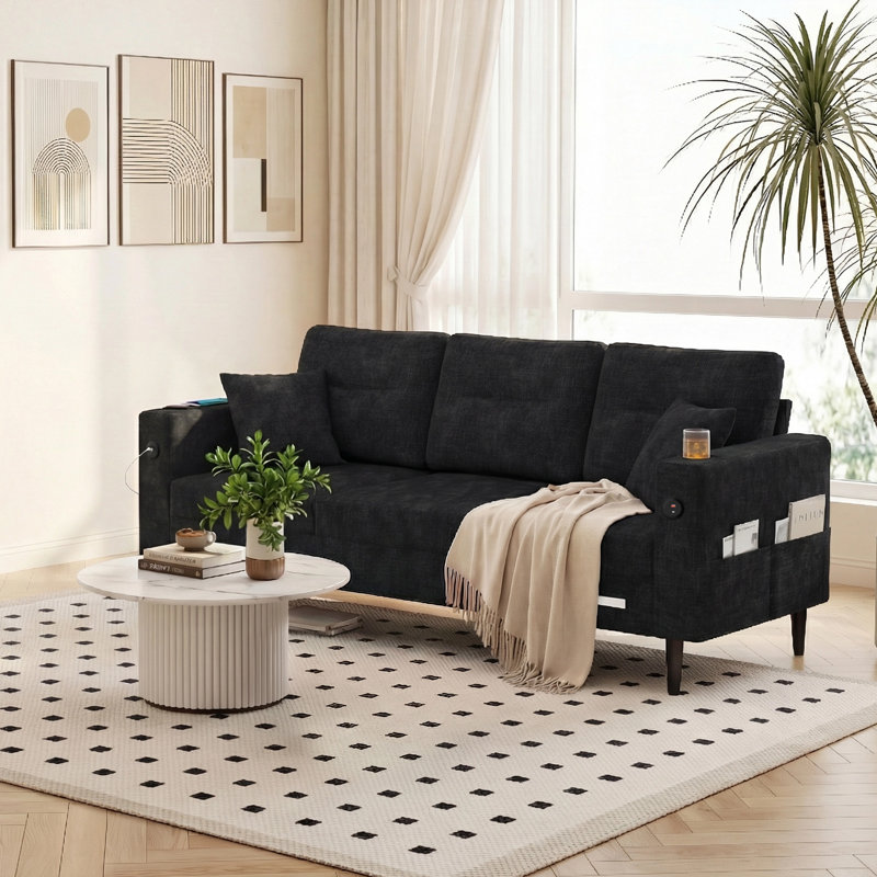 Canapé moderne 78 po en velours côtelé 78 po avec lumière DEL ambiante, port de charge USB et pochette de rangement latérale