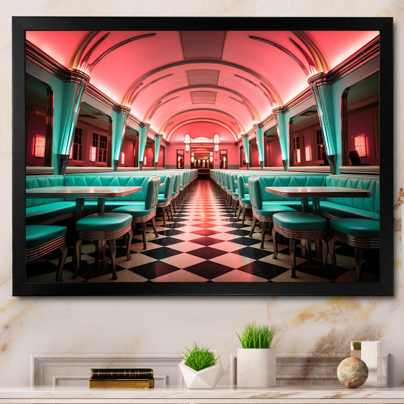 «Pink Nostalgic Tunes Fast Food 1960S Diner - Jukeboxes», art mural, Cadre d'angle fermé noir, H 16 po x l 32 po x P 1 po