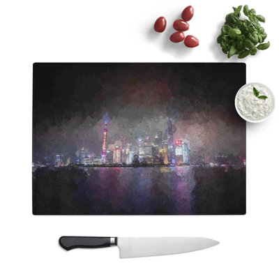 Tempered Glass Shanghai China Skyline at Dusk Chopping Board