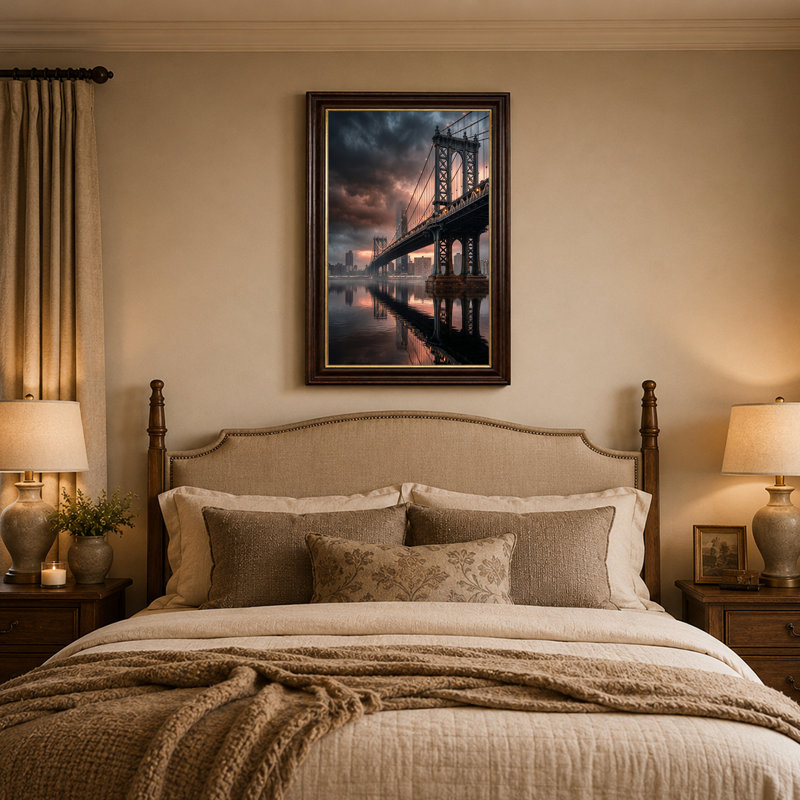 «Suspension Bridge Over Water with City Skyline», art mural, H 18 po x l 12 po