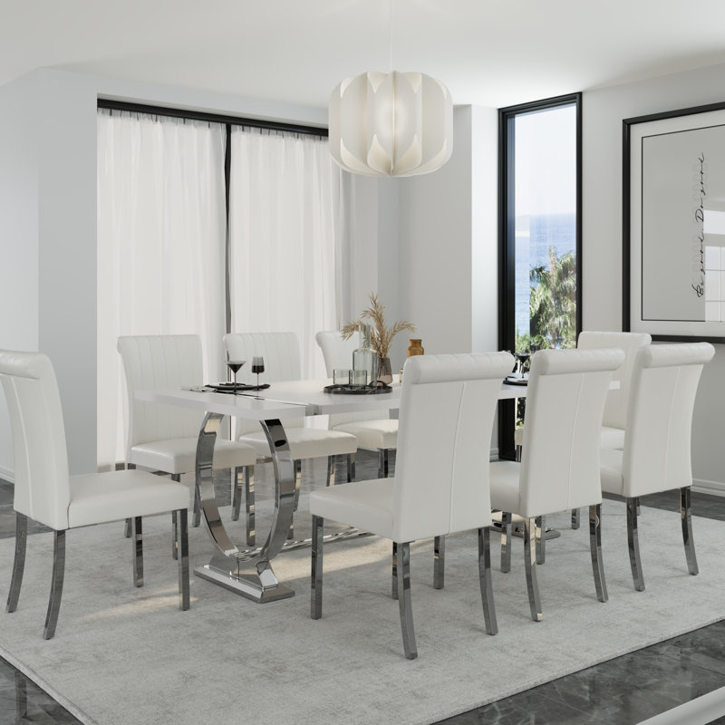 Ensemble de table de salle à manger 9 pièces blanc et argent moderne avec 8 chaises en cuir blanches, Blanc, Argent argent