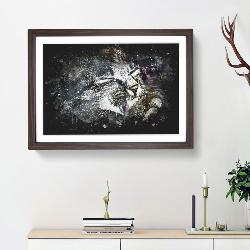Cat Licking its Paw - Framed Print, 45cm H x 63cm W x 2cm D, Walnut Framed
