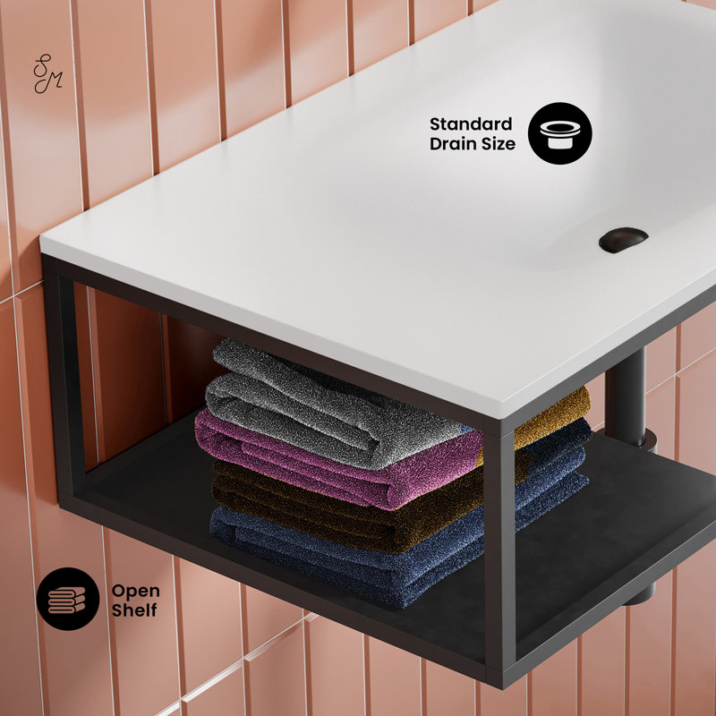 Lisse 24" Rectangle Concrete Wall-Mount Bathroom Sink With Matte Black Frame, Matte White