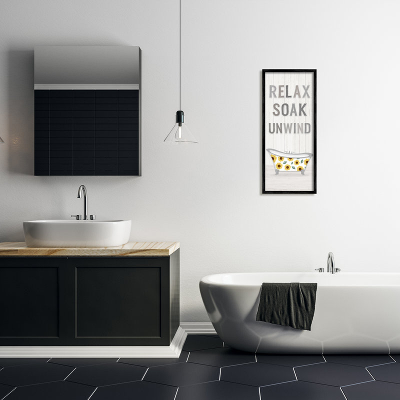 «Relax Soak Unwind Bathroom» par Natalie Carpentieri, Giclée encadrée noir minuit, H 30 po x l 13 po