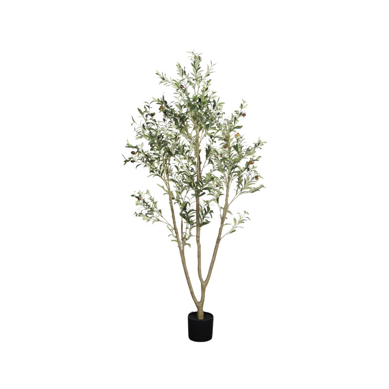 Arbre d'olivier artificiel de 7 pi dans un pot en plastique noir, faux olivier réaliste avec branches supplémentaires, arbre artificiel facile d'entretien pour la décoration intérieure de bureau à domicile, 1 pièce