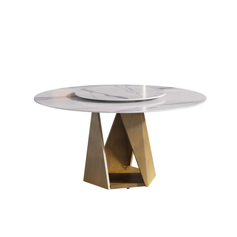 Table de salle à manger 53,15 po ronde en marbre artificiel avec base en fer et plateau tournant en pierre artificielle (table de salle à manger seulement)
