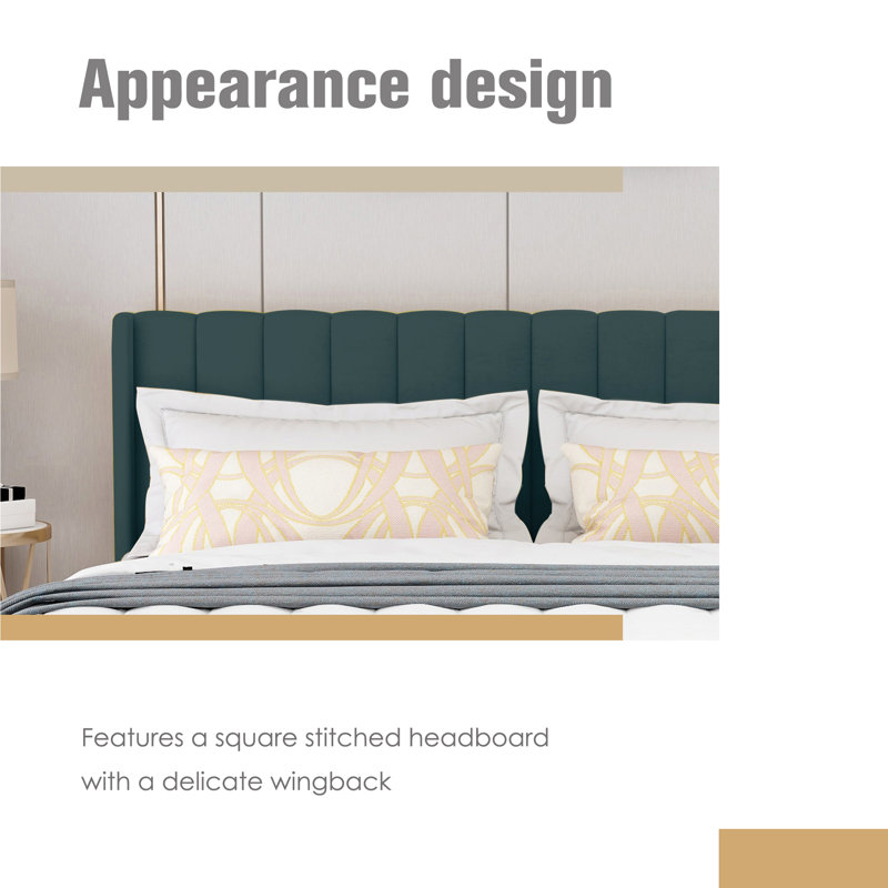 King Green Velvet Upholstered Platform Bed with Wingback Headboard
