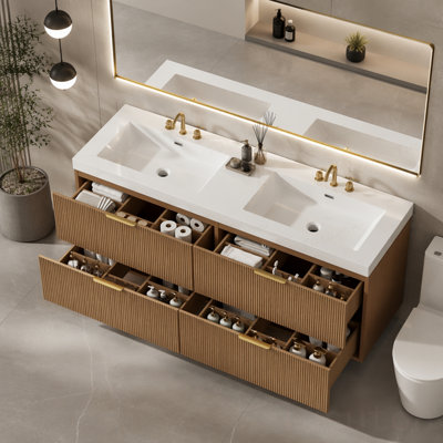 Meuble-lavabo double 59,3 po avec plateau SMC, armoire en panneau de fibres à densité moyenne peint, tiroirs à fermeture en douceur, meuble-lavabo mural moderne