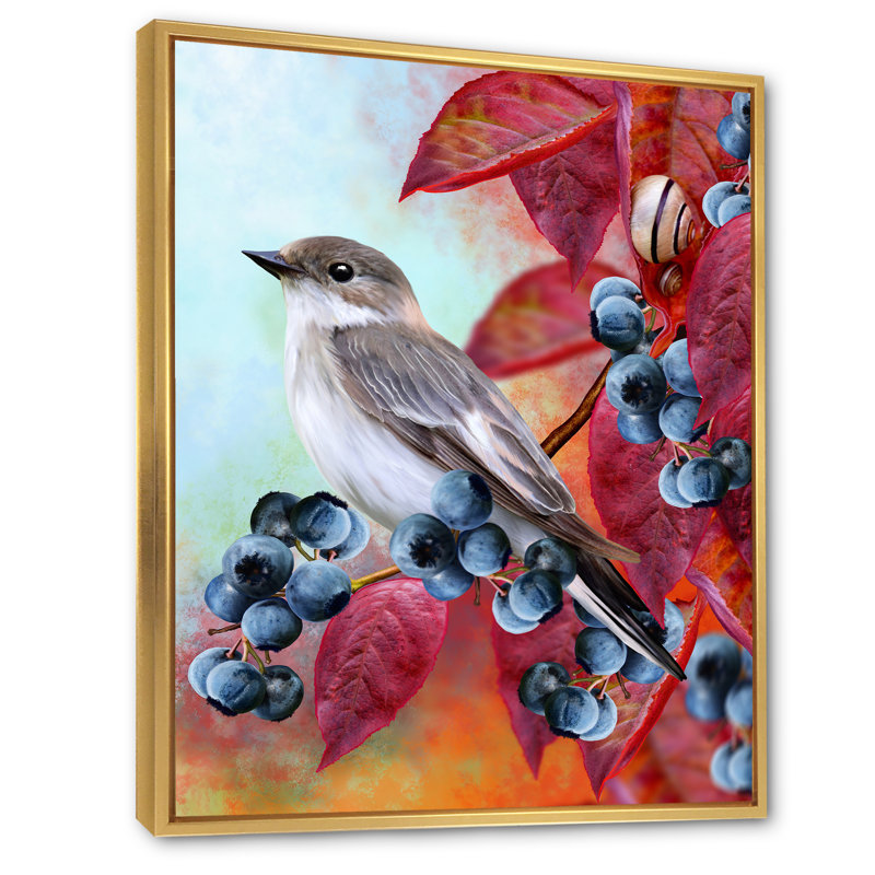 Petit oiseau gris sur un rameau d'automne rouge sur bleuet - impression sur toile, Toile encadrée dorée