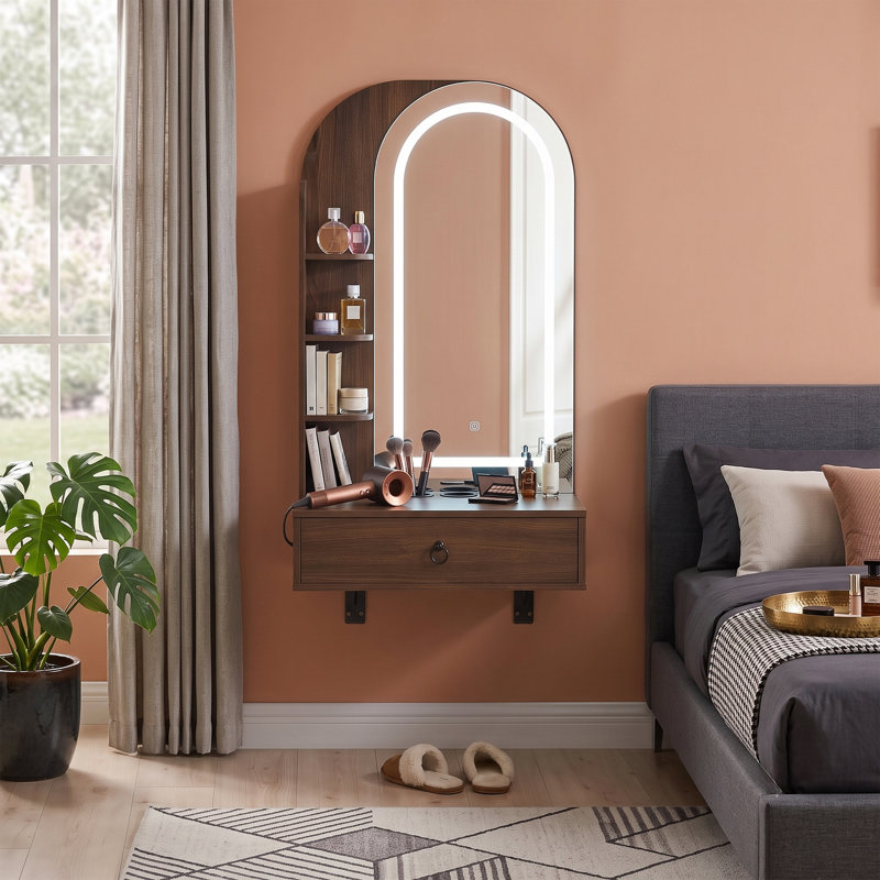 Coiffeuse suspendue avec miroir arqué et tiroir de rangement, table de maquillage murale avec prise électrique et éclairage à 3 couleurs et luminosité réglable, coiffeuse compacte