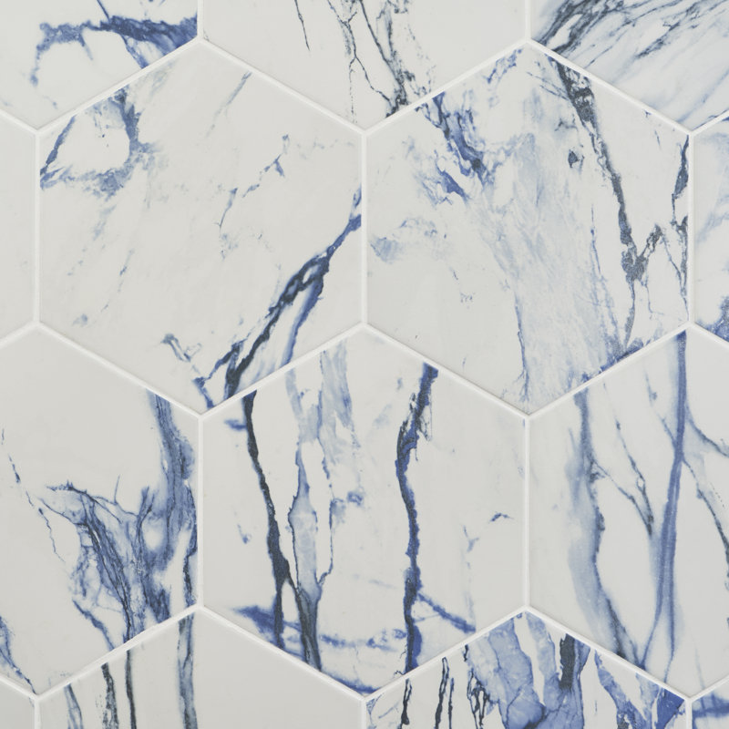 Macuba Marble Hex 10.15" x 11.41" Matte Porcelain Floor and Wall Tile, Blue/White