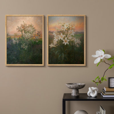 Ensemble 2 pièces d'art mural encadré de jardin de lis - Imprimés floraux romantiques pour le décor d'une chambre ou d'une chambre d'amis
