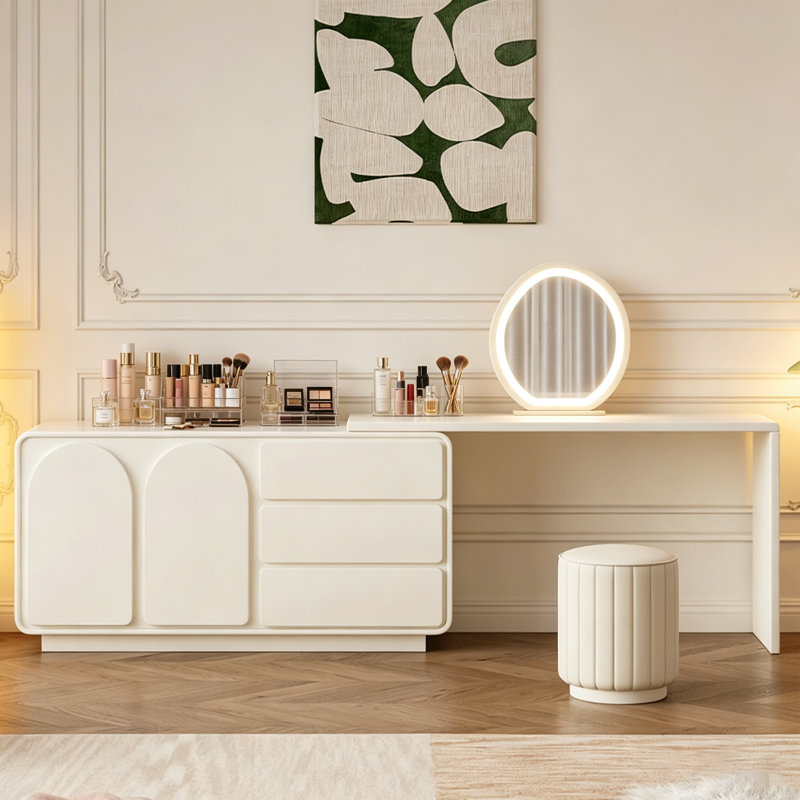 47.24"Modern Extendable Vanity Table with 3 Drawers and 2 Cabinets Rounded Design