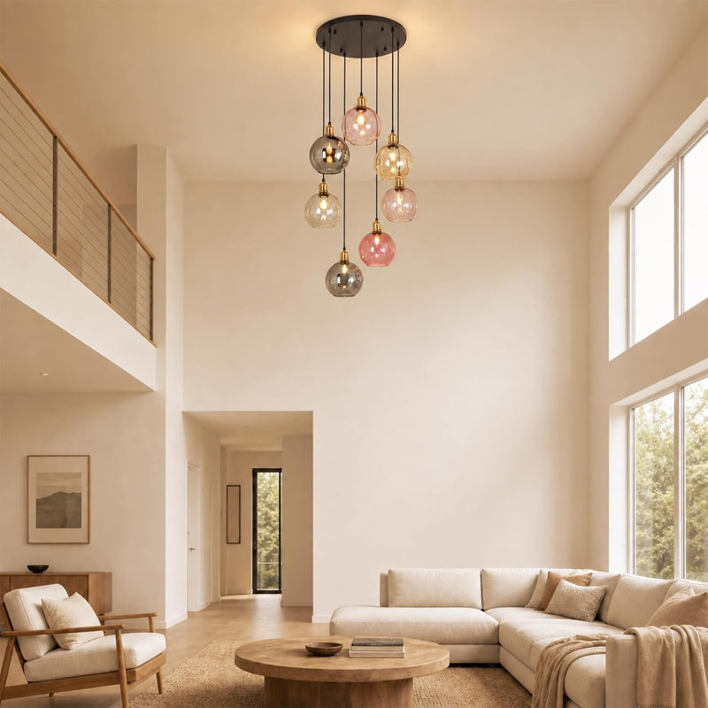 7‑Light E27 Sand Black Multi‑Colour Glass Round Canopy Pendant