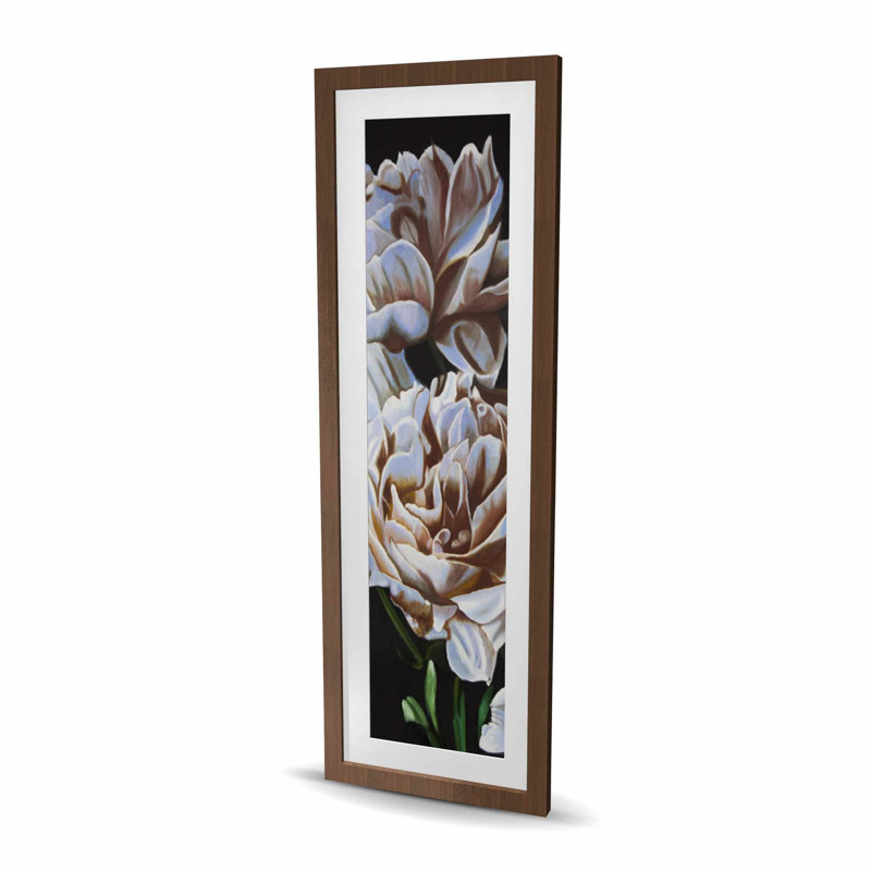 Pivoines - imprimé floral mat avec encadrement de fleurs beiges, H 48 po x l 16 po, Blanc / noir / beige, Brun